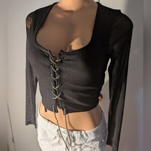 Papaya Black mesh long sleeve corset top jeweled lace up front Size M